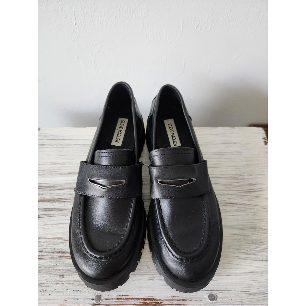 STEVE MADDEN Lawrence Black Leather Slip On Loafers Women's Shoes Size 8M - Picture 5 of 11